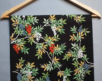 Vintage fabric. Black Green branches red berries. Kimono Silky Synthetic Material. Craft Supply