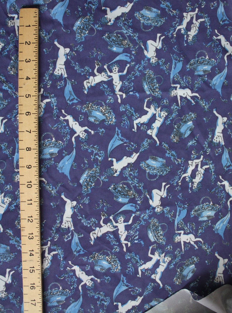 1.9 yard 1960s fabric By yard cherubs white flowers in blue Printed Synthetic Material