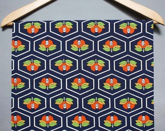 Orange navy modernist floral wool, vintage kimono Fabric, hexagons, camelias. Art deco midcentury modern retro material