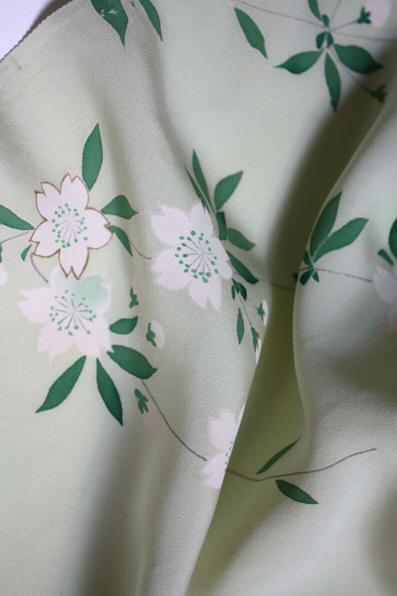 Pale green silk with hand painted flowers Vintage kimono silk panel.