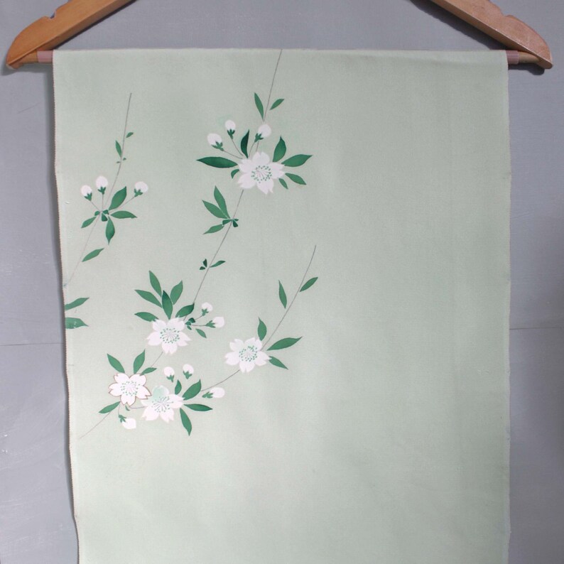 Pale green silk with hand painted flowers Vintage kimono silk panel.