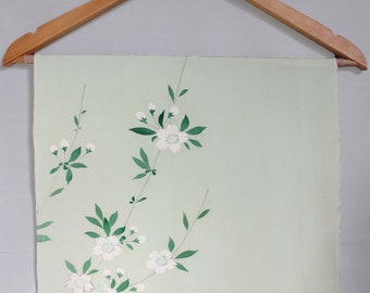 Pale green silk with hand painted flowers. Vintage kimono silk panel.