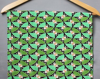 Neon green on black stylised floral wool Fabric. 1m Vintage Kimono fabric. Art deco midcentury modern retro