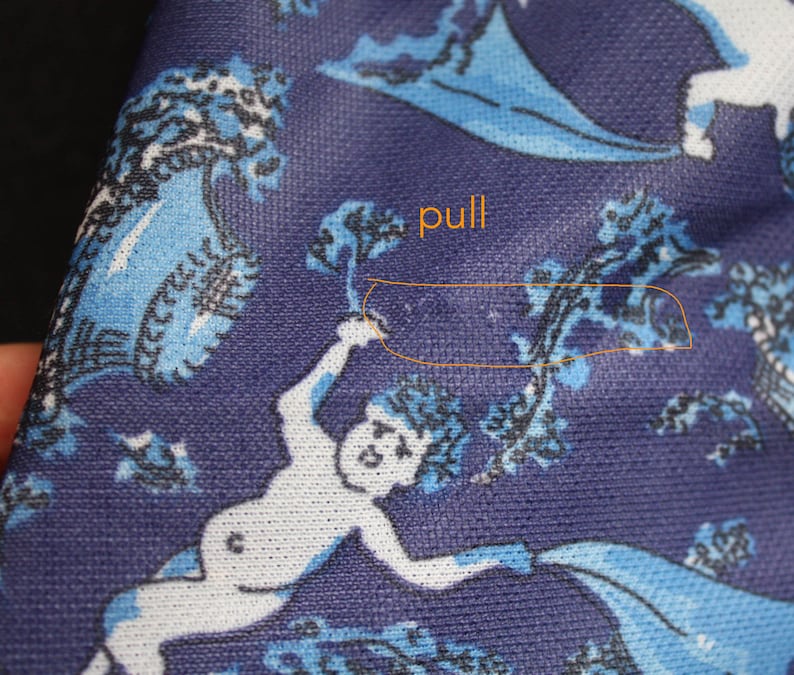 1.9 yard 1960s fabric By yard cherubs white flowers in blue Printed Synthetic Material