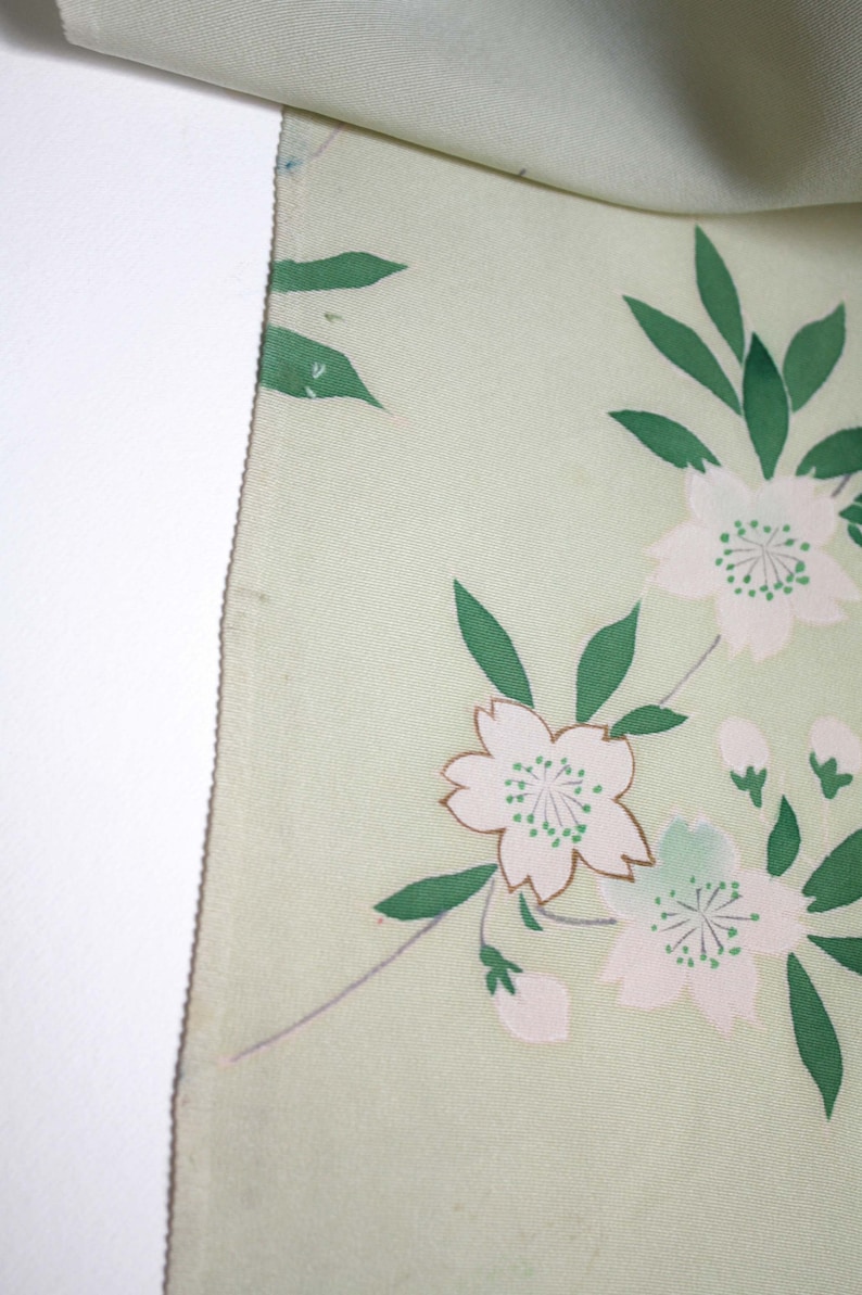 Pale green silk with hand painted flowers Vintage kimono silk panel.