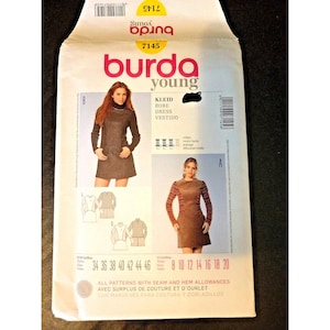 May include: A Burda Young sewing pattern envelope featuring illustrations of dresses. The envelope includes the number 7145, dress size measurements, and the words "KLEID, ROBE, DRESS, VESTIDO."