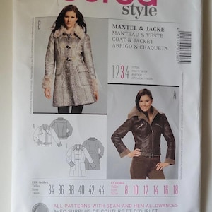 May include: A Burda Style sewing pattern for a coat and jacket. The pattern features illustrations of two coat designs, one with a faux fur collar and cuffs. The pattern includes sizes 8-18.