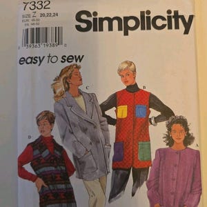 May include: A Simplicity 7332 sewing pattern envelope for size Z, featuring illustrations of four different vest and jacket styles labeled A, B, C, and D. The white paper envelope includes the text Simplicity, 7332, and easy to sew.