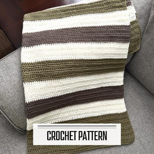 A digital PDF crochet pattern for a baby blanket. The finished blanket is hanging over a couch.