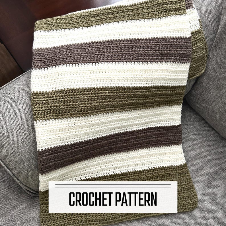 A digital PDF crochet pattern for a baby blanket. The finished blanket is hanging over a couch.