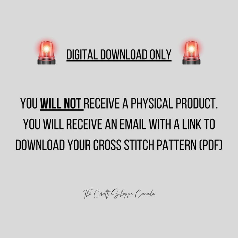 A warning that this cross stitch pattern is a digital download only and that a finished item will not be sent.