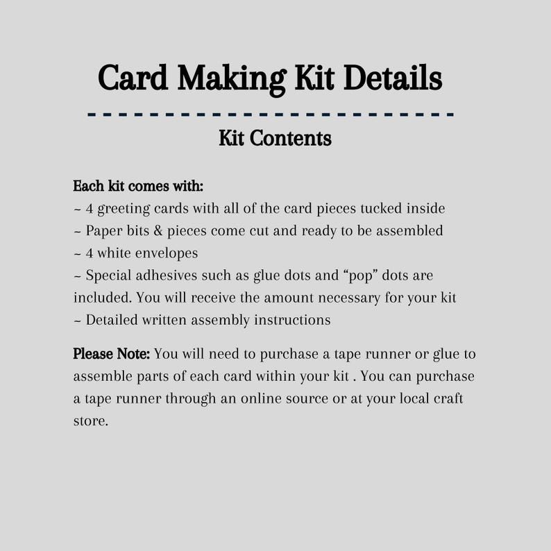 A detailed list of what is included in your card making kit.