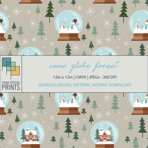 May include: A seamless digital pattern featuring a repeating design of snow globes with various winter scenes. The snow globes are set against a light brown background with small white snowflakes. The snow globes contain a snowman, a house, and a winter forest. The pattern is 12 inches by 12 inches and is available for instant download.