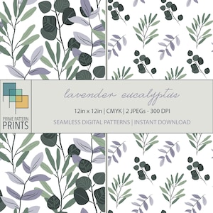May include: Two seamless digital patterns featuring lavender and eucalyptus leaves on a white background. The patterns are 12 inches by 12 inches and are available in CMYK format. The text "lavender eucalyptus" is displayed at the top of the image.