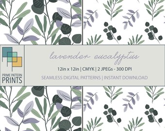 Lavender Eucalyptus Pattern, Leaf Pattern, Seamless Pattern, Repeat Pattern, Digital Paper, Digital Download, Seamless Pattern