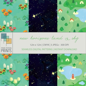 Puede incluir: Tres patrones digitales sin costuras para manualidades y diseño. El primer patrón presenta un fondo verde con flores, el segundo patrón presenta un fondo azul oscuro con estrellas blancas, y el tercer patrón presenta un fondo verde con casas, árboles y un lago.