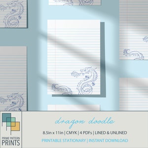 May include: Printable stationery featuring a blue line drawing of a dragon on a white background with blue lines. The paper is 8.5 inches by 11 inches and comes in a set of 4 PDFs, including lined and unlined options. The text "dragon doodle" is printed in blue at the bottom of the page.