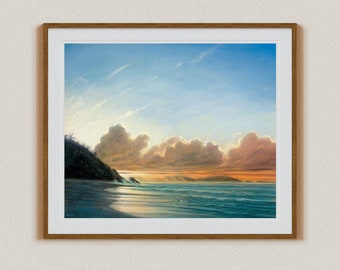 Seychelles art work. Sunset art. Sunset painting. Sunset prints. Ocean art.  Beach art. Sea painting. "Frégate Sunset - Anse Victorin."