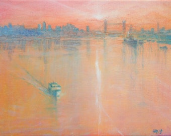 Misty Sunrise At Tower Bridge. Original oil painting. Cityscape painting. Landscape painting. Oil paintings.