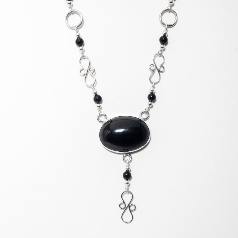 Tarnish Resistant Argentium Silver Black Onyx /& Sterling Silver Y Necklace Natural Stone