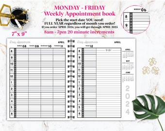 7"x9" 8am - 7pm Monday - Friday 20 minute increment salon appointment book, weekly appointment book,  weekly planner, personalized