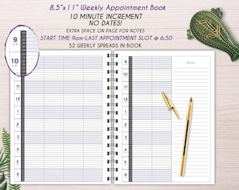 10 minute increment Hairstylist Appointment book, UNDATED weekly appointment book,  UNDATED Weekly planner, Scheduling, salon