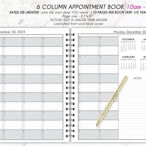 May include: A 6-column appointment book with a gray and white design. The book is dated or undated and has 110 pages. The cover is laminated and the page size is 8.5 inches by 11 inches. The book includes a calendar for December, January, February, and March.