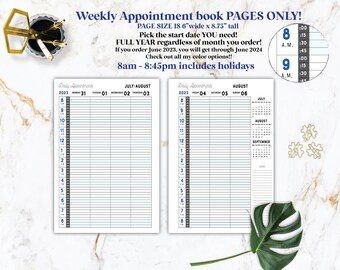 6"x8.75" appointment  pages, salon appointment book pages only, weekly appointment book, planner, doctor, 15 minute Scheduling book,