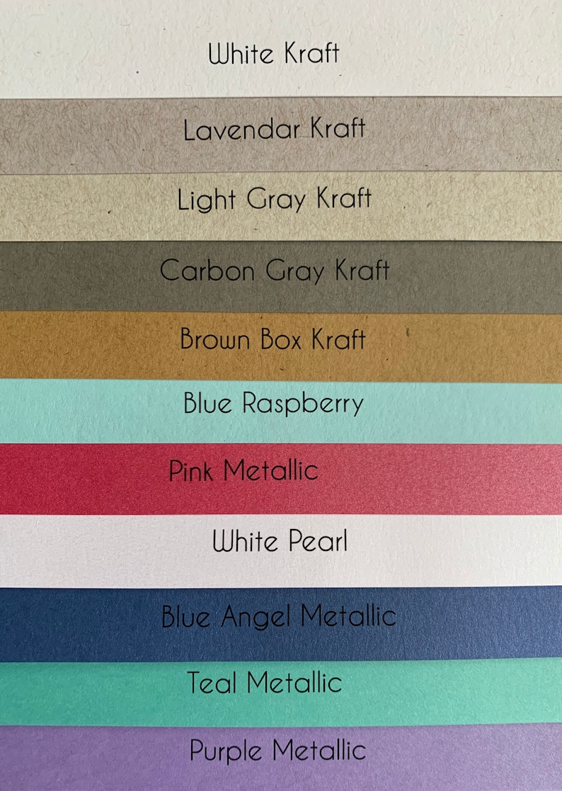 May include: An image showing a selection of eleven paper swatches in various colours. The swatches are labelled with their names, including "White Kraft", "Pink Metallic", and "Blue Angel Metallic". The palette includes shades of white, grey, brown, blue, pink, and purple.