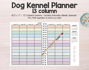 13 Column Dog or Cat Kennel schedule book Choose your start date! • weekly • Yearly   •  grooming schedule book •  boarding