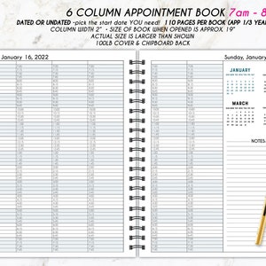 May include: A 6-column appointment book with a black and white design. The book is dated or undated and has 110 pages. The cover is 100lb and has a chipboard back. The book is open to show the pages for Sunday, January 16, 2022. The book also includes a calendar for January, February, March, and April.