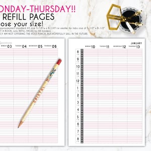 A5 Yearly Planner Monday-Thursday Only refill pages / 15 minute increment time slots / salon appointment book / A5 appointment book refills