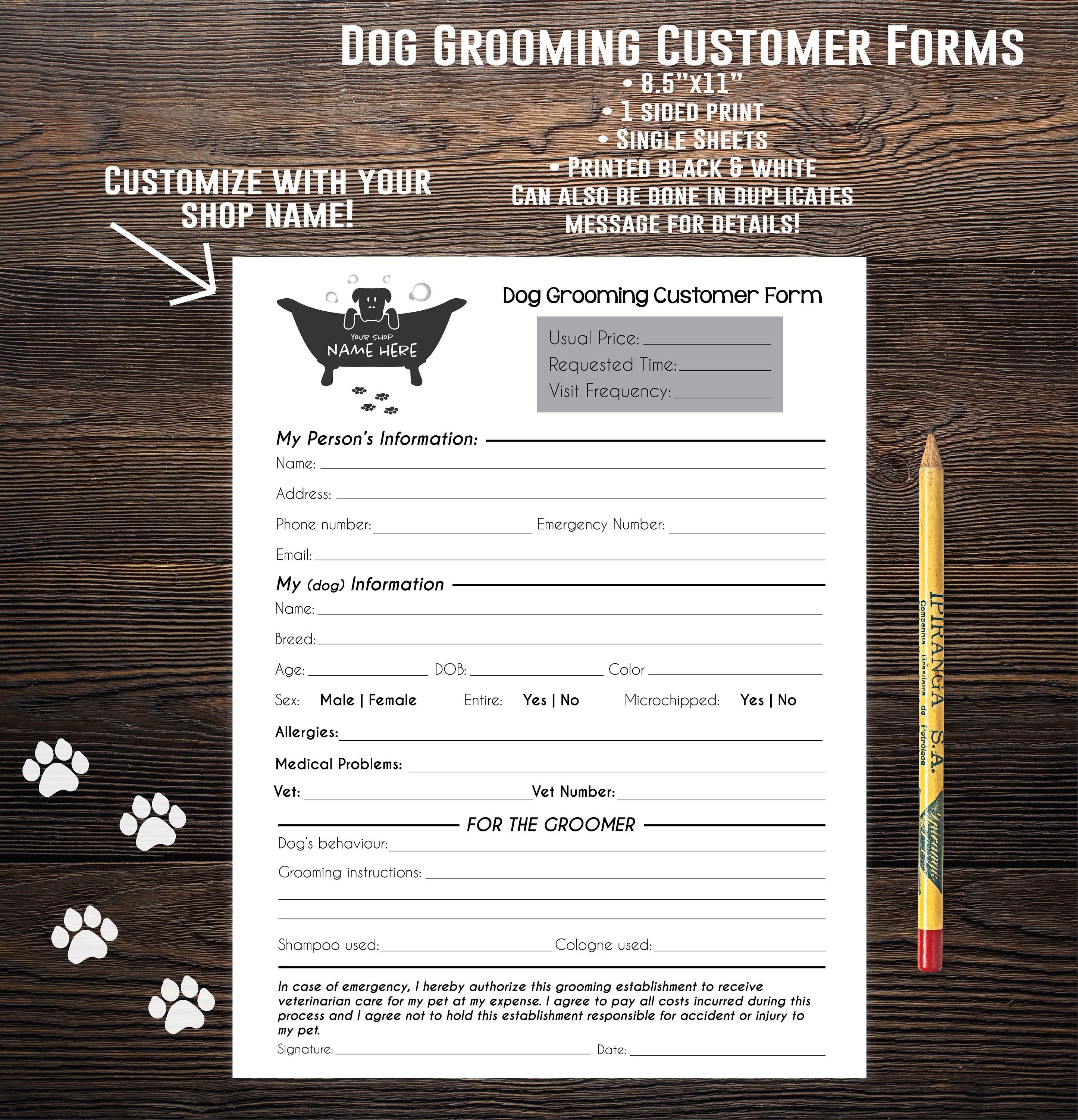dog grooming customer form, dog grooming, dog grooming forms, groomer form,  customer form,