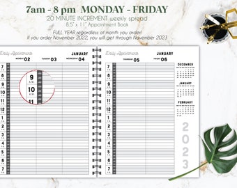 Monday - Friday 7am - 8pm 20 minute increment salon appointment book, weekly appointment book, weekly planner, Yearly appointment book,
