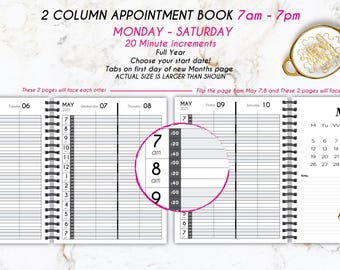 7am - 8pm 20 minute increment salon appointment book, weekly appointment book,  weekly planner, Yearly appointment book, personalized