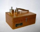 Soviet set of weights, Scale weights, Weights. Scales Weight Set in Box. Apothecary Scale weights, laboratory equipment. Wooden box.