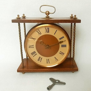 Wooden desk clock. Vintage mantel clock USSR 1980s. Mechanical watch. Old clock with key.