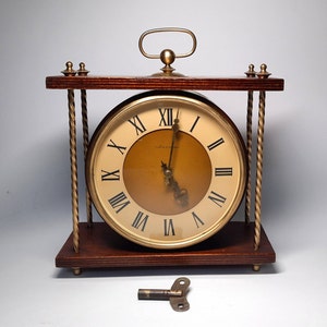 Wooden desk clock. Vintage mantel clock USSR 1980s. Mechanical watch. Old clock with key.