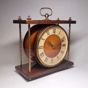 Wooden desk clock. Vintage mantel clock USSR 1980s. Mechanical watch. Old clock with key.