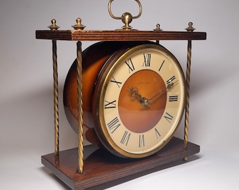 Wooden desk clock. Vintage mantel clock USSR 1980s. Mechanical watch. Old clock with key.