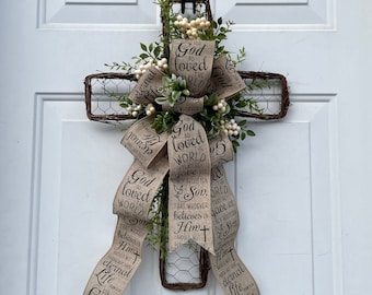 Easter Wreath For Front Door, Easter Wreath, Christian Wreath, Cross Wreath
