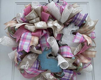 Easter Wreath For Front Door, Ribbon Wreath, Spring Wreath