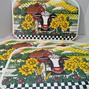 Individuais de mesa de vinil vintage de flores e vacas por cidade e país