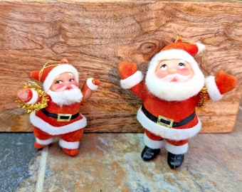 Flocked Santa With Tinsel Wreath Vintage Ornaments Set Of Two
