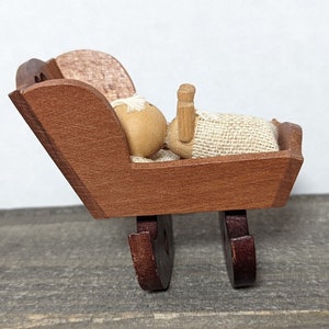 Dollhouse Miniature Wood Baby Cradle With Baby