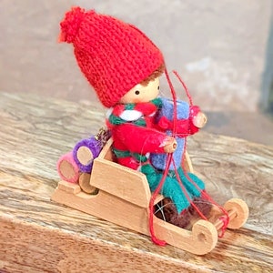 Vintage Wood Ornament Knitter Crafter With Yarn Fabric