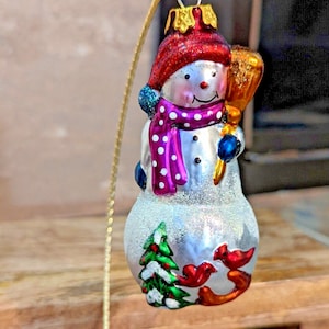 Blown Glass Snowman And Cardinals Christmas Ornament