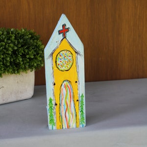 Wood Block Church/Hand Painted Multi-Colored Church