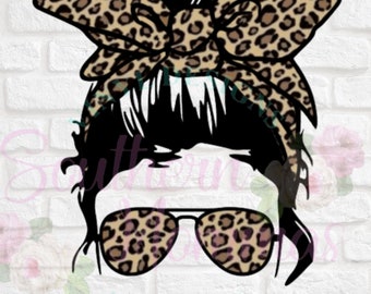 Messy Bun Mom Life Leopard Print Bandana SUBLIMATION PNG