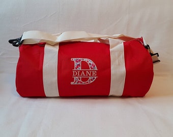 Red XL size duffel bag embroidered and personalized